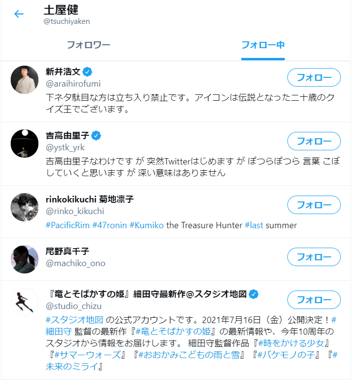 土屋健さんのツイッターアカウント